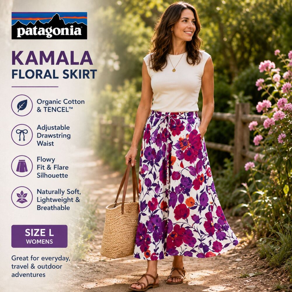 Patagonia Womens L Drawstring "Below Knee" Skirt Floral Organic Cotton Blend